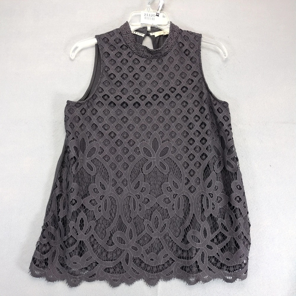 Rewind Dark Gray Lace Tank Top Sz L Mock Neck, Lined, Whimsigoth Fairy Grunge